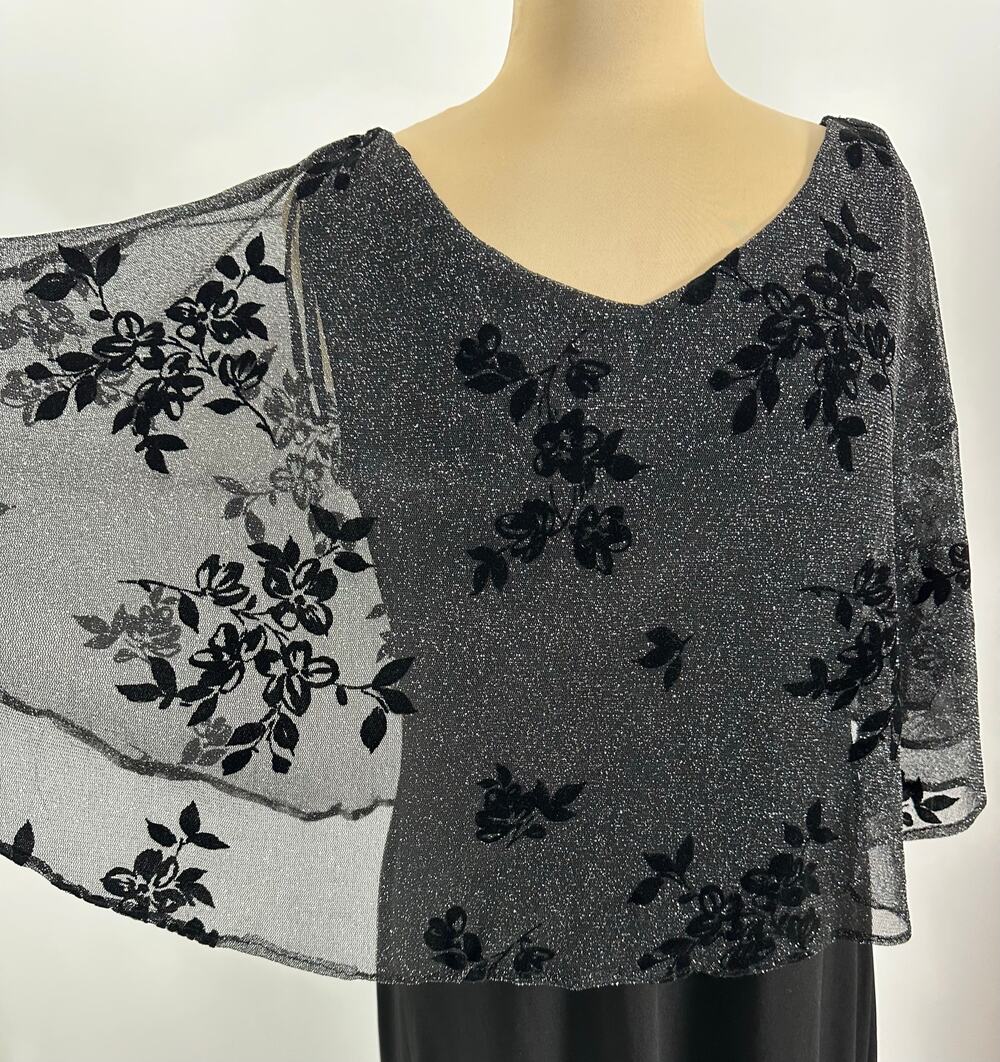 Vintage Black Velvet Sheer Floral Capelet Midi Dress Dark Fairy Goth Shimmer 12